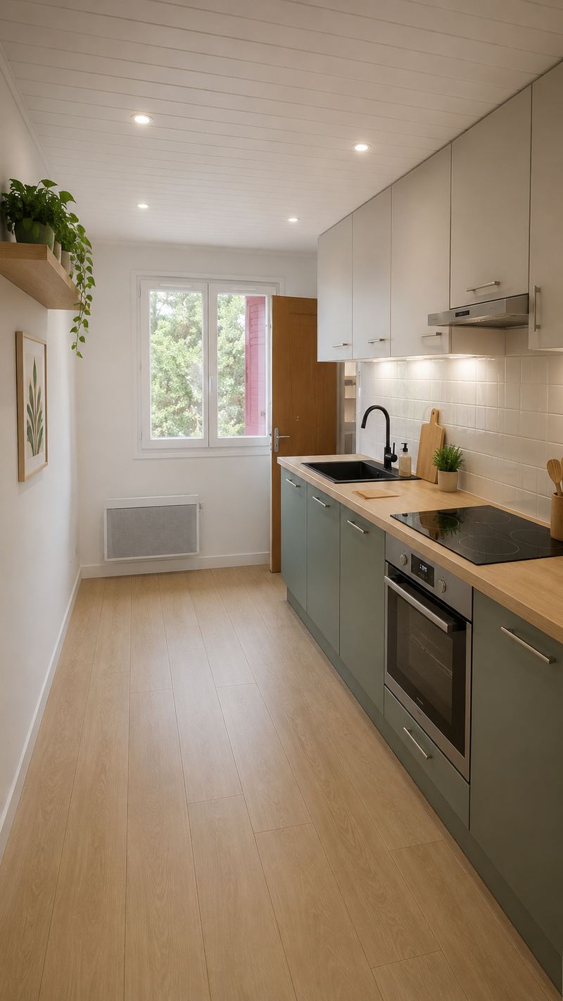 Appartement 65 m², cuisine, projection 3D