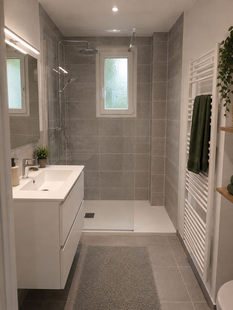 Appartement 57 m², salle de bain, projection 3D