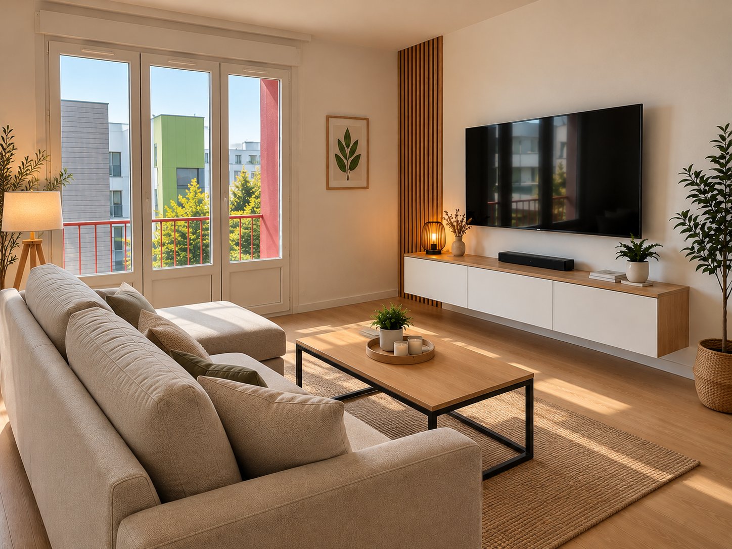 Appartement 57 m², séjour, projection 3D
