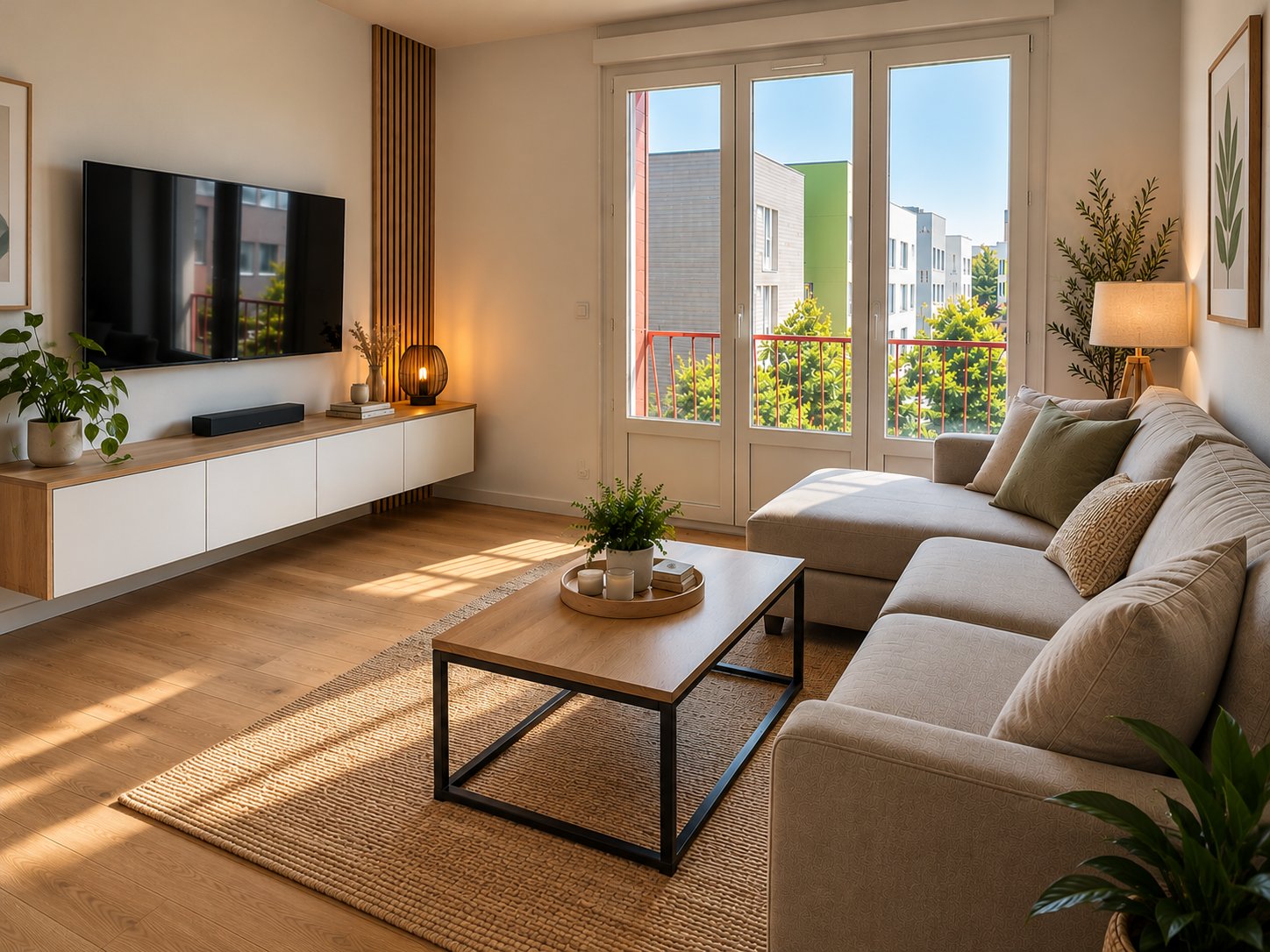 Appartement 65 m², séjour, projection 3D